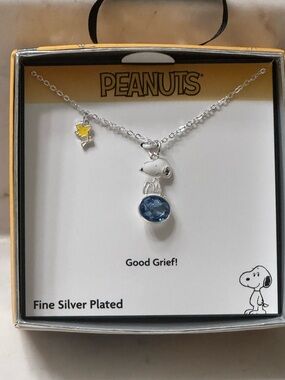 Peanuts Snoopy & Woodstock Fine Silver-Plated Necklace with Blue Crystal